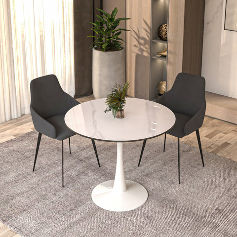 Bristol 35" Round Dining Table with Sintered Stone Tabletop in White Steel