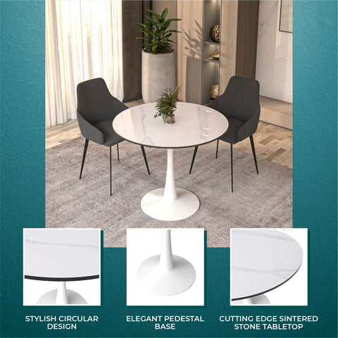 Bristol Round Dining Table with MDF/Sintered Stone/Glass Wood Tabletop in White Steel