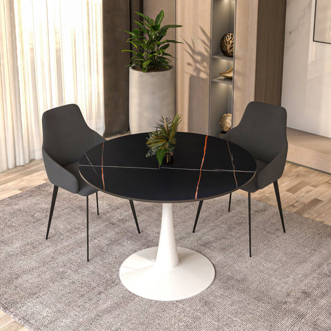 Bristol Round Dining Table with MDF/Sintered Stone/Glass Wood Tabletop in White Steel