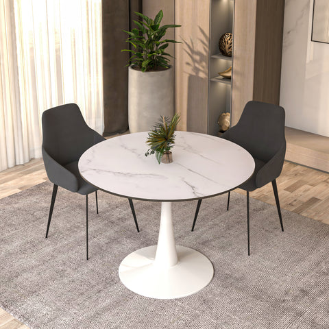 Bristol Round Dining Table with MDF/Sintered Stone/Glass Wood Tabletop in White Steel