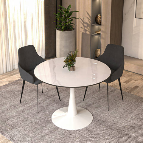 Bristol Round Dining Table with MDF/Sintered Stone/Glass Wood Tabletop in White Steel