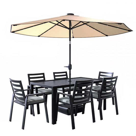 Chelsea 7-Piece Modern Outdoor Dining Set in Black Aluminum with Removable Cushions