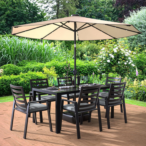 Chelsea 7-Piece Modern Outdoor Dining Set in Black Aluminum with Removable Cushions