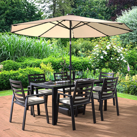 Chelsea 7-Piece Modern Outdoor Dining Set in Black Aluminum with Removable Cushions