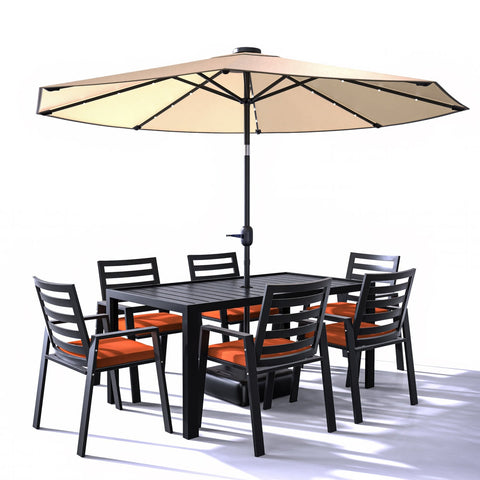 Chelsea 7-Piece Modern Outdoor Dining Set in Black Aluminum with Removable Cushions