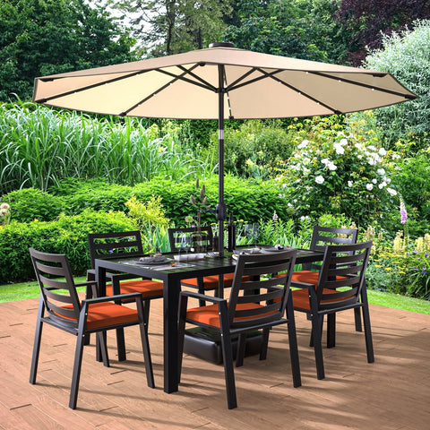 Chelsea 7-Piece Modern Outdoor Dining Set in Black Aluminum with Removable Cushions