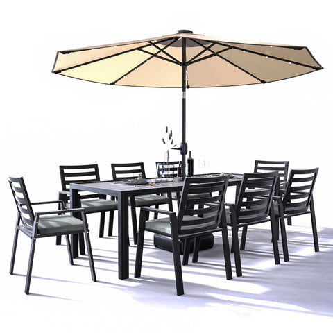 Chelsea 9-Piece Modern Outdoor Dining Set in Black Aluminum with Removable Cushions