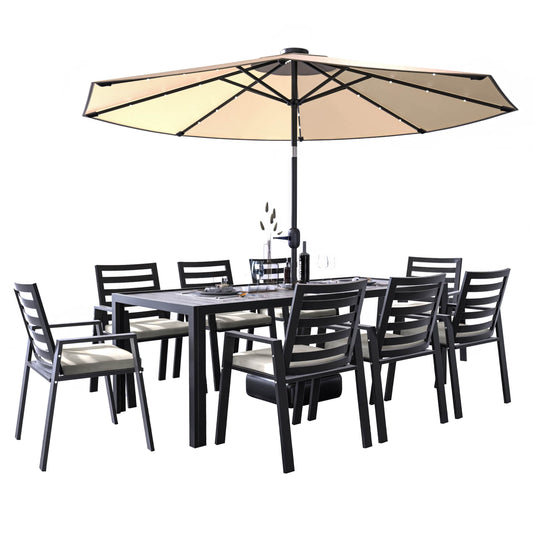 Chelsea 9-Piece Modern Outdoor Dining Set in Black Aluminum with Removable Cushions