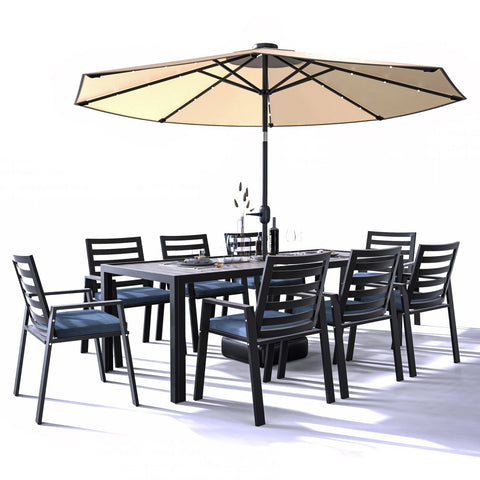 Chelsea 9-Piece Modern Outdoor Dining Set in Black Aluminum with Removable Cushions