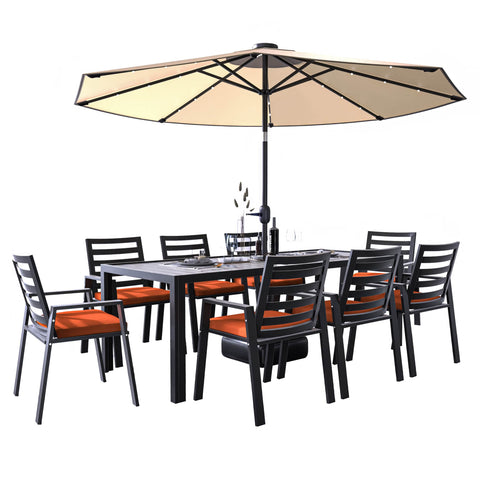 Chelsea 9-Piece Modern Outdoor Dining Set in Black Aluminum with Removable Cushions