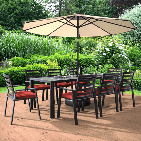 Chelsea 9-Piece Modern Outdoor Dining Set in Black Aluminum with Removable Cushions