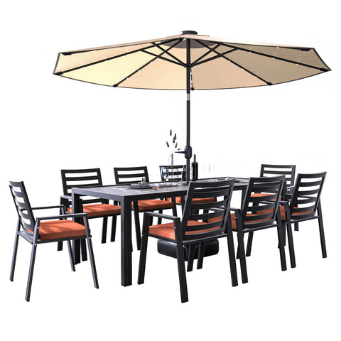 Chelsea 9-Piece Modern Outdoor Dining Set in Black Aluminum with Removable Cushions