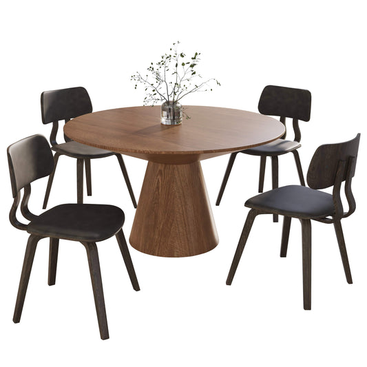 Fynix 5-Piece Dining Set with Round Wooden Table in Natural Wood and 4 Leather Dining Chairs