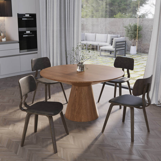 Fynix 5-Piece Dining Set with Round Wooden Table in Natural Wood and 4 Leather Dining Chairs