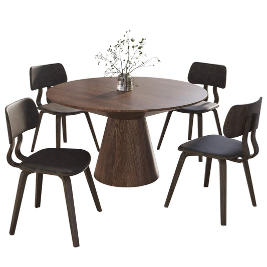 Fynix 5-Piece Dining Set with Round Wooden Table in Walnut and 4 Leather Dining Chairs