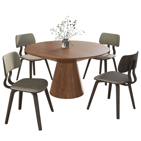 Fynix 5-Piece Dining Set with Round Wooden Table in Natural Wood and 4 Leather Dining Chairs