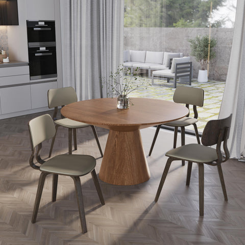 Fynix 5-Piece Dining Set with Round Wooden Table in Natural Wood and 4 Leather Dining Chairs