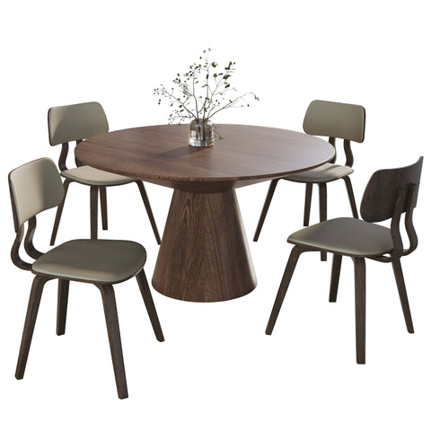 Fynix 5-Piece Dining Set with Round Wooden Table in Walnut and 4 Leather Dining Chairs