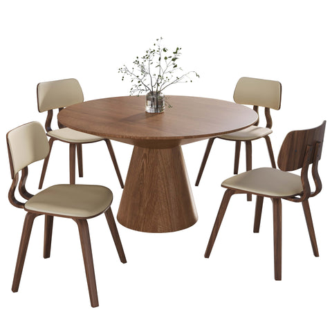 Fynix 5-Piece Dining Set with Round Wooden Table in Natural Wood and 4 Leather Dining Chairs