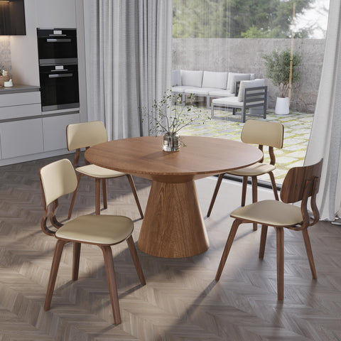 Fynix 5-Piece Dining Set with Round Wooden Table in Natural Wood and 4 Leather Dining Chairs