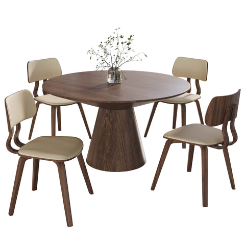 Fynix 5-Piece Dining Set with Round Wooden Table in Walnut and 4 Leather Dining Chairs