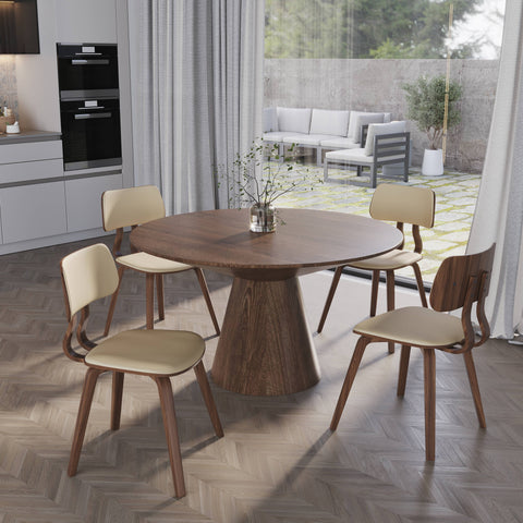 Fynix 5-Piece Dining Set with Round Wooden Table in Walnut and 4 Leather Dining Chairs