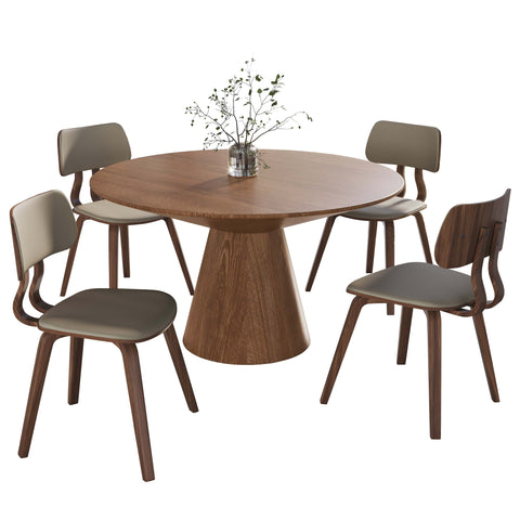 Fynix 5-Piece Dining Set with Round Wooden Table in Natural Wood and 4 Leather Dining Chairs