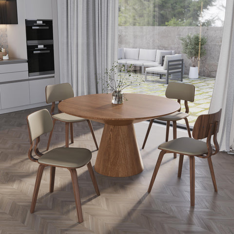 Fynix 5-Piece Dining Set with Round Wooden Table in Natural Wood and 4 Leather Dining Chairs