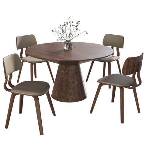 Fynix 5-Piece Dining Set with Round Wooden Table in Walnut and 4 Leather Dining Chairs