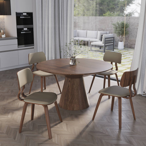 Fynix 5-Piece Dining Set with Round Wooden Table in Walnut and 4 Leather Dining Chairs