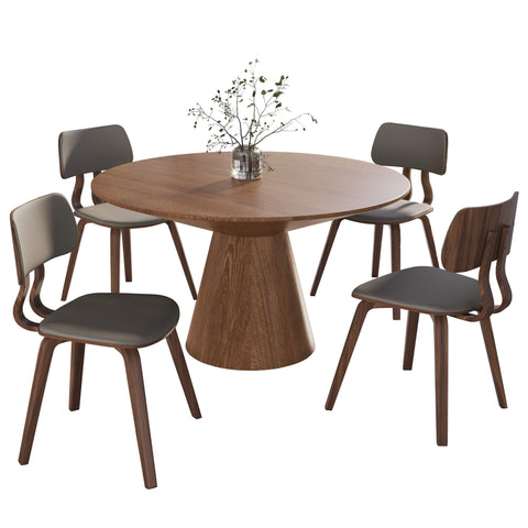 Fynix 5-Piece Dining Set with Round Wooden Table in Natural Wood and 4 Leather Dining Chairs