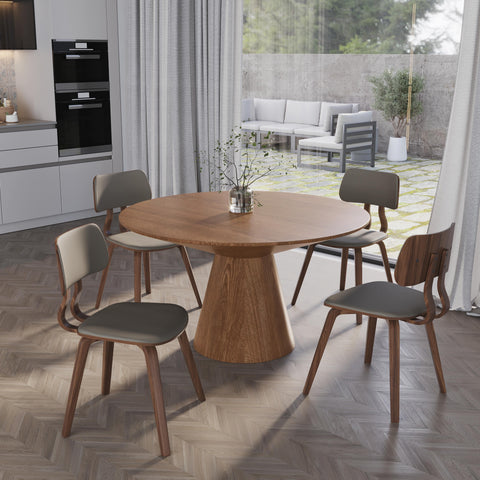 Fynix 5-Piece Dining Set with Round Wooden Table in Natural Wood and 4 Leather Dining Chairs