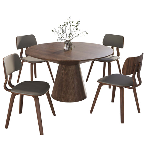 Fynix 5-Piece Dining Set with Round Wooden Table in Walnut and 4 Leather Dining Chairs