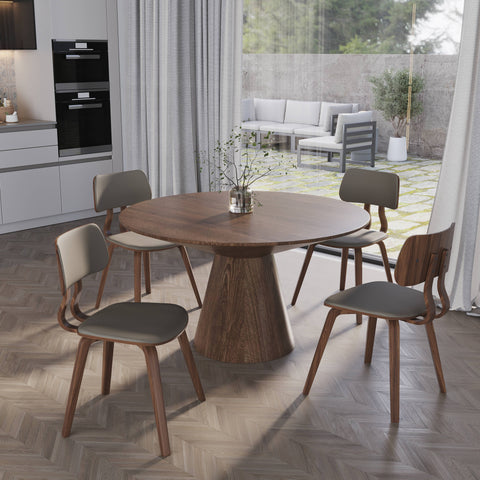 Fynix 5-Piece Dining Set with Round Wooden Table in Walnut and 4 Leather Dining Chairs