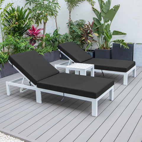 Chelsea Modern Outdoor White Chaise Lounge With Side Table & Cushions Set of Two