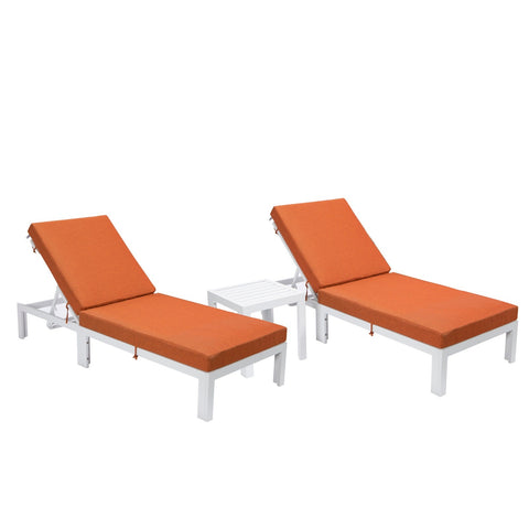 Chelsea Modern Outdoor White Chaise Lounge With Side Table & Cushions Set of Two