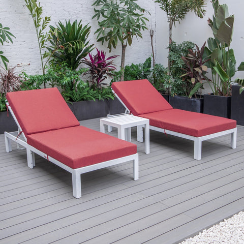 Chelsea Modern Outdoor White Chaise Lounge With Side Table & Cushions Set of Two