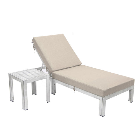 Chelsea Modern Outdoor Weathered Grey Chaise Lounge Chair With Side Table & Cushions