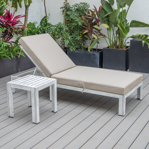 Chelsea Modern Outdoor Weathered Grey Chaise Lounge Chair With Side Table & Cushions