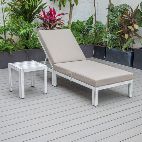 Chelsea Modern Outdoor Weathered Grey Chaise Lounge Chair With Side Table & Cushions