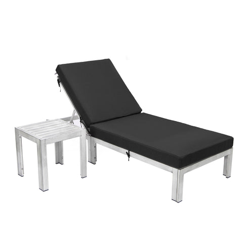 Chelsea Modern Outdoor Weathered Grey Chaise Lounge Chair With Side Table & Cushions