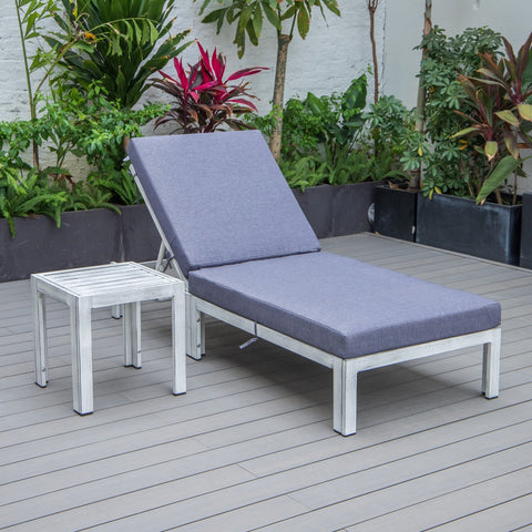 Chelsea Modern Outdoor Weathered Grey Chaise Lounge Chair With Side Table & Cushions