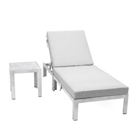 Chelsea Modern Outdoor Weathered Grey Chaise Lounge Chair With Side Table & Cushions