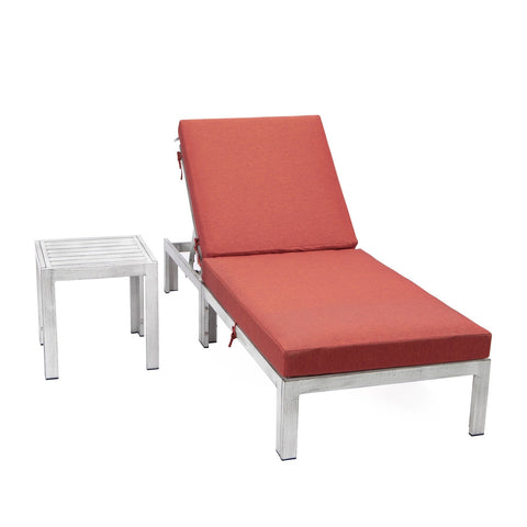 Chelsea Modern Outdoor Weathered Grey Chaise Lounge Chair With Side Table & Cushions