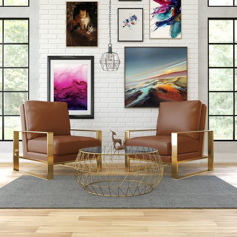Jefferson Modern 3-Piece Living Room Set with Leather Arm Chair and Round Coffee Table with Brushed Gold Frame