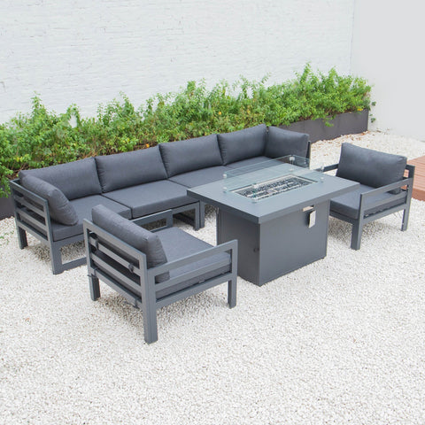 Chelsea 7-Piece Patio Sectional & Fire Pit Table Black Aluminum With Cushions