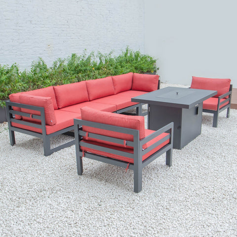 Chelsea 7-Piece Patio Sectional & Fire Pit Table Black Aluminum With Cushions