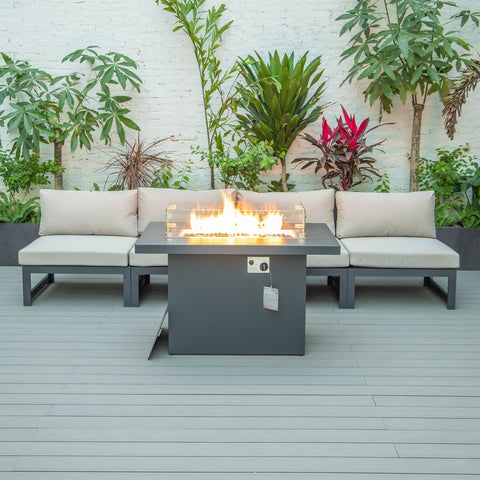 Chelsea 5-Piece Middle Patio Chairs and Fire Pit Table Set Black Aluminum With Cushions