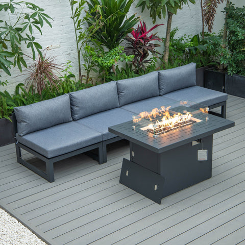 Chelsea 5-Piece Middle Patio Chairs and Fire Pit Table Set Black Aluminum With Cushions