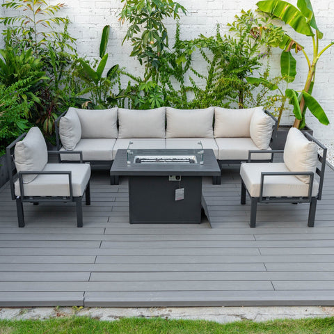 Chelsea 7-Piece Patio Sectional Set in Black Aluminum with Fire Pit Table